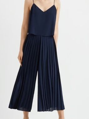 Club Monaco Navy Pleated Wide-Leg Jumpsuit (0)